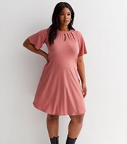 New Look Curves Mid Pink Ribbed Jersey Short Sleeve Keyhole Mini Dress
